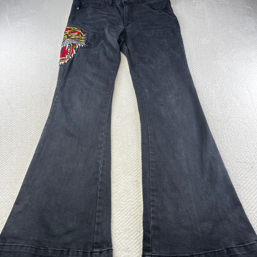 Ed Hardy Tiger Embroidered Flared Jeans Black Denim Y2K WEHD8400-1 Mens 30 - Picture 2 of 9